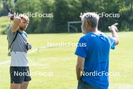 30.05.2023, Col Bayard, France (FRA): Emilien Claude (FRA), Jean-Pierre Amat (FRA), Olympic Champion and shooting coach Team France, (l-r)  - Biathlon summer training, Col Bayard (FRA). www.nordicfocus.com. © Thibaut/NordicFocus. Every downloaded picture is fee-liable.