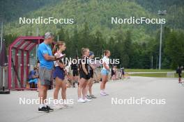 08.06.2023, Ruhpolding, Germany (GER): Ricco Gross (GER), coach Team Slovenia, Lena Repinc (SLO), Polona Klemencic (SLO), Ziva Klemencic (SLO), Anamarija Lampic (SLO), (l-r) - Biathlon summer training, Ruhpolding (GER). www.nordicfocus.com. © Reiter/NordicFocus. Every downloaded picture is fee-liable.