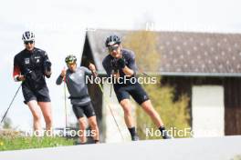 20.05.2023, Lenzerheide, Switzerland (SUI): Kein Einaste (EST), coach Team Switzerland, Dajan Danuser (SUI), Joscha Burkhalter (SUI), (l-r) - Biathlon summer training, Lenzerheide (SUI). www.nordicfocus.com. © Manzoni/NordicFocus. Every downloaded picture is fee-liable.