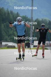 08.06.2023, Ruhpolding, Germany (GER): Niklas Hartweg (SUI), Daniel Hackhofer (ITA), coach Team Switzerland, (l-r) - biathlon summer training, Ruhpolding (GER). www.nordicfocus.com. © Reiter/NordicFocus. Every downloaded picture is fee-liable.