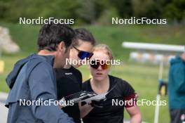 30.05.2023, La Feclaz, France (FRA): Cyril Burdet (FRA), coach Team France, Paula Botet (FRA), Sophie Chauveau (FRA), (l-r) - Biathlon summer training, La Feclaz (FRA). www.nordicfocus.com. © Joly/NordicFocus. Every downloaded picture is fee-liable.