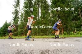 29.08.2023, Obertilliach, Austria (AUT): Sturla Holm Laegreid (NOR), Vetle Sjaastad Christiansen (NOR), Johannes Dale (NOR), (l-r)  - Biathlon summer training, Obertilliach (AUT). www.nordicfocus.com. © Barbieri/NordicFocus. Every downloaded picture is fee-liable.