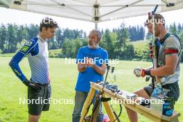 30.05.2023, Col Bayard, France (FRA): Eric Perrot (FRA), Jean-Pierre Amat (FRA), Olympic Champion and shooting coach Team France, Emilien Claude (FRA), (l-r)  - Biathlon summer training, Col Bayard (FRA). www.nordicfocus.com. © Thibaut/NordicFocus. Every downloaded picture is fee-liable.