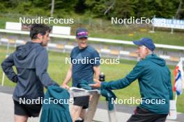 30.05.2023, La Feclaz, France (FRA): Cyril Burdet (FRA), coach Team France, Patrick Favre (ITA), Jean Paul Giachino (FRA), (l-r) - Biathlon summer training, La Feclaz (FRA). www.nordicfocus.com. © Joly/NordicFocus. Every downloaded picture is fee-liable.