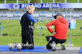 20.05.2023, Lenzerheide, Switzerland (SUI): Gion Stalder (SUI), Remo Krug (GER) coach Team Switzerland, (l-r) - Biathlon summer training, Lenzerheide (SUI). www.nordicfocus.com. © Manzoni/NordicFocus. Every downloaded picture is fee-liable.
