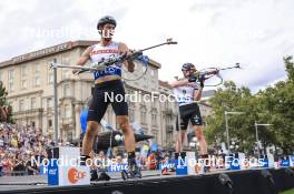 13.08.2023, Wiesbaden, Germany (GER): Sturla Holm Laegreid (NOR), Roman Rees (GER), (l-r) - City Biathlon - Wiesbaden (GER). www.nordicfocus.com. © Manzoni/NordicFocus. Every downloaded picture is fee-liable.
