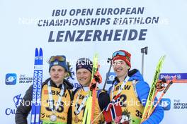 25.01.2023, Lenzerheide, Switzerland (SUI): Anton Dudchenko (UKR), Endre Stroemsheim (NOR), Lovro Planko (SLO), (l-r) - IBU Open European Championships Biathlon, individual men, Lenzerheide (SUI). www.nordicfocus.com. © Manzoni/NordicFocus. Every downloaded picture is fee-liable.