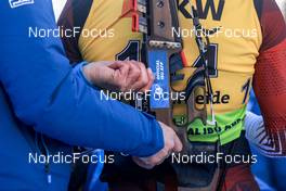 25.01.2023, Lenzerheide, Switzerland (SUI): Event Feature: IBU app sticker on riffle  - IBU Open European Championships Biathlon, individual men, Lenzerheide (SUI). www.nordicfocus.com. © Manzoni/NordicFocus. Every downloaded picture is fee-liable.