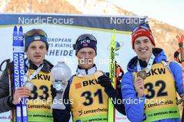 25.01.2023, Lenzerheide, Switzerland (SUI): Anton Dudchenko (UKR), Endre Stroemsheim (NOR), Lovro Planko (SLO), (l-r) - IBU Open European Championships Biathlon, individual men, Lenzerheide (SUI). www.nordicfocus.com. © Manzoni/NordicFocus. Every downloaded picture is fee-liable.