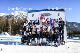 29.01.2023, Lenzerheide, Switzerland (SUI): Karoline Erdal (NOR), Vebjoern Soerum (NOR), Maren Kirkeeide (NOR), Erlend Bjoentegaard (NOR), (l-r) - IBU Open European Championships Biathlon, mixed relay, Lenzerheide (SUI). www.nordicfocus.com. © Manzoni/NordicFocus. Every downloaded picture is fee-liable.