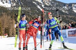 29.01.2023, Lenzerheide, Switzerland (SUI): Niklas Hartweg (SUI), Amy Baserga (SUI), Lovro Planko (SLO), (l-r) - IBU Open European Championships Biathlon, single mixed relay, Lenzerheide (SUI). www.nordicfocus.com. © Manzoni/NordicFocus. Every downloaded picture is fee-liable.