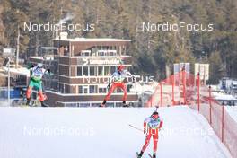 27.01.2023, Lenzerheide, Switzerland (SUI): Blagovest Stoyanov (BUL), Sandro Bovisi (SUI), Kacper Gunka (POL), (l-r) - IBU Open European Championships Biathlon, sprint men, Lenzerheide (SUI). www.nordicfocus.com. © Manzoni/NordicFocus. Every downloaded picture is fee-liable.