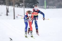 27.01.2023, Lenzerheide, Switzerland (SUI): Oceane Michelon (FRA), Sonja Leinamo (FIN), (l-r) - IBU Open European Championships Biathlon, sprint women, Lenzerheide (SUI). www.nordicfocus.com. © Manzoni/NordicFocus. Every downloaded picture is fee-liable.