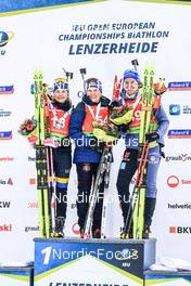 27.01.2023, Lenzerheide, Switzerland (SUI): Tilda Johansson (SWE), Anastasiya Merkushyna (UKR), Vanessa Hinz (GER), (l-r) - IBU Open European Championships Biathlon, sprint women, Lenzerheide (SUI). www.nordicfocus.com. © Manzoni/NordicFocus. Every downloaded picture is fee-liable.