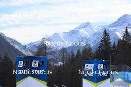 26.01.2023, Lenzerheide, Switzerland (SUI): Event Feature: Start towers with the swiss mountains as back drop - IBU Open European Championships Biathlon, training, Lenzerheide (SUI). www.nordicfocus.com. © Manzoni/NordicFocus. Every downloaded picture is fee-liable.
