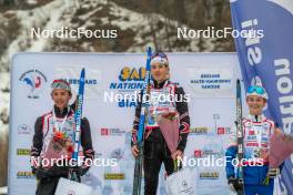 31.03.2023, Bessans, France (FRA): Camille Grataloup Manissolle (FRA), Antonin Guy (FRA), Emile Perrillat Bottonet (FRA), (l-r)  - French Championships biathlon, mass, Bessans (FRA). www.nordicfocus.com. © Authamayou/NordicFocus. Every downloaded picture is fee-liable.