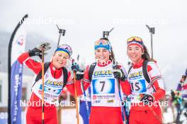 31.03.2023, Bessans, France (FRA): Armand Namou Candau (FRA), Coralie Perrin (FRA), Marion Gravier (FRA), (l-r)  - French Championships biathlon, mass, Bessans (FRA). www.nordicfocus.com. © Authamayou/NordicFocus. Every downloaded picture is fee-liable.