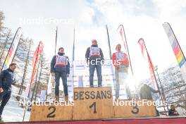 01.04.2023, Bessans, France (FRA): Quentin Fillon Maillet (FRA), Oscar Lombardot (FRA), Ambroise Meunier (FRA), (l-r)  - French Championships biathlon, mass, Bessans (FRA). www.nordicfocus.com. © Authamayou/NordicFocus. Every downloaded picture is fee-liable.