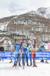 01.04.2023, Bessans, France (FRA): Mateo Gardoni (FRA), Gaetan Paturel (FRA), Jacques Jefferies (FRA), (l-r)  - French Championships biathlon, mass, Bessans (FRA). www.nordicfocus.com. © Authamayou/NordicFocus. Every downloaded picture is fee-liable.