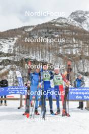 01.04.2023, Bessans, France (FRA): Mateo Gardoni (FRA), Gaetan Paturel (FRA), Jacques Jefferies (FRA), (l-r)  - French Championships biathlon, mass, Bessans (FRA). www.nordicfocus.com. © Authamayou/NordicFocus. Every downloaded picture is fee-liable.