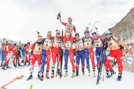 01.04.2023, Bessans, France (FRA): Anaelle Bondoux (FRA), Camille Coupe (FRA), Lola Gilbert Jeanselme (FRA), Margot Chichignoud (FRA), Oceane Michelon (FRA), Noemie Remonnay (FRA), Fany Bertrand (FRA), Lisa Siberchicot (FRA), Ludmilla Roche (FRA), (l-r)  - French Championships biathlon, mass, Bessans (FRA). www.nordicfocus.com. © Authamayou/NordicFocus. Every downloaded picture is fee-liable.