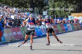 02.09.2023, Annecy, France (FRA): Fabien Claude (FRA), Tommaso Giacomel (ITA), (l-r) - Martin Fourcade Nordic Festival, Annecy (FRA). www.nordicfocus.com. © Manzoni/NordicFocus. Every downloaded picture is fee-liable.