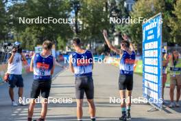 02.09.2023, Annecy, France (FRA): Victor Lovera (FRA), Michal Novak (CZE), Hugo Lapalus (FRA), (l-r) - Martin Fourcade Nordic Festival, Annecy (FRA). www.nordicfocus.com. © Manzoni/NordicFocus. Every downloaded picture is fee-liable.