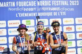 02.09.2023, Annecy, France (FRA): Marketa Davidova (CZE), Vanessa Voigt (GER), Julia Simon (FRA), (l-r) - Martin Fourcade Nordic Festival, Annecy (FRA). www.nordicfocus.com. © Authamayou/NordicFocus. Every downloaded picture is fee-liable.