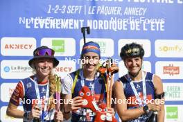 02.09.2023, Annecy, France (FRA): Marketa Davidova (CZE), Vanessa Voigt (GER), Julia Simon (FRA), (l-r) - Martin Fourcade Nordic Festival, Annecy (FRA). www.nordicfocus.com. © Authamayou/NordicFocus. Every downloaded picture is fee-liable.