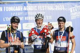 02.09.2023, Annecy, France (FRA): Emilien Jacquelin (FRA), Vetle Sjaastad Christiansen (NOR), Sturla Holm Laegreid (NOR), (l-r) - Martin Fourcade Nordic Festival, Annecy (FRA). www.nordicfocus.com. © Authamayou/NordicFocus. Every downloaded picture is fee-liable.