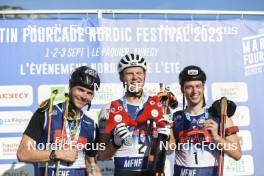 02.09.2023, Annecy, France (FRA): Emilien Jacquelin (FRA), Vetle Sjaastad Christiansen (NOR), Sturla Holm Laegreid (NOR), (l-r) - Martin Fourcade Nordic Festival, Annecy (FRA). www.nordicfocus.com. © Authamayou/NordicFocus. Every downloaded picture is fee-liable.