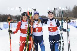 25.03.2023, Ulrichen, Switzerland (SUI): Ronja Rietveld (SUI), Maeline Triponez (SUI), Lena Baumann (SUI), (l-r) - Swiss Championships biathon, mass, Ulrichen (SUI). www.nordicfocus.com. © Manzoni/NordicFocus. Every downloaded picture is fee-liable.