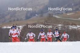 25.03.2023, Ulrichen, Switzerland (SUI): Niklas Hartweg (SUI), Serafin Wiestner (SUI), Laurin Fravi (SUI), Jeremy Finello (SUI), (l-r) - Swiss Championships biathon, mass, Ulrichen (SUI). www.nordicfocus.com. © Manzoni/NordicFocus. Every downloaded picture is fee-liable.