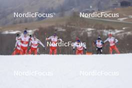 25.03.2023, Ulrichen, Switzerland (SUI): Niklas Hartweg (SUI), Serafin Wiestner (SUI), Laurin Fravi (SUI), Jeremy Finello (SUI), (l-r) - Swiss Championships biathon, mass, Ulrichen (SUI). www.nordicfocus.com. © Manzoni/NordicFocus. Every downloaded picture is fee-liable.