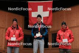 25.03.2023, Ulrichen, Switzerland (SUI): Matthias Riebli (SUI), Jonin Wyss (SUI), Remo Burch (SUI), (l-r) - Swiss Championships biathon, sprint, Ulrichen (SUI). www.nordicfocus.com. © Manzoni/NordicFocus. Every downloaded picture is fee-liable.