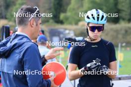 15.09.2023, La Feclaz, France (FRA): Cyril Burdet (FRA), coach Team France, Paula Botet (FRA), (l-r) - Biathlon Samse Summer Tour, training, La Feclaz (FRA). www.nordicfocus.com. © Manzoni/NordicFocus. Every downloaded picture is fee-liable.