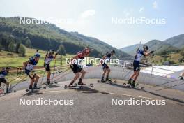 27.08.2023, Brezno-Osrblie, Slovakia (SVK): Oskar Brandt (SWE), Benjamin Menz (GER), Mikulas Karlik (CZE), Artem Tyshchenko (UKR), Bogdan Tsymbal (UKR), (l-r) - IBU Summer Biathlon World Championships, mass men, Brezno-Osrblie (SVK). www.nordicfocus.com. © Manzoni/NordicFocus. Every downloaded picture is fee-liable.