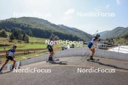 27.08.2023, Brezno-Osrblie, Slovakia (SVK): Dominic Schmuck (GER), Thierry Langer (BEL), Peppe Femling (SWE), (l-r) - IBU Summer Biathlon World Championships, mass men, Brezno-Osrblie (SVK). www.nordicfocus.com. © Manzoni/NordicFocus. Every downloaded picture is fee-liable.