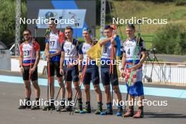 27.08.2023, Brezno-Osrblie, Slovakia (SVK): Jan Gunka (POL), Jakub Borgula (SVK), Stepan Kinash (UKR), Bohdan Borkovskyi (UKR), Vitalii Mandzyn (UKR), Matija Legovic (CRO), (l-r) - IBU Summer Biathlon World Championships, pursuit junior men, Brezno-Osrblie (SVK). www.nordicfocus.com. © Manzoni/NordicFocus. Every downloaded picture is fee-liable.