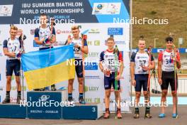 26.08.2023, Brezno-Osrblie, Slovakia (SVK): Stepan Kinash (UKR), Bohdan Borkovskyi (UKR), Vitalii Mandzyn (UKR), Matija Legovic (CRO), Serhii Suprun (UKR), Ludek Abraham (CZE), (l-r) - IBU Summer Biathlon World Championships, sprint junior men, Brezno-Osrblie (SVK). www.nordicfocus.com. © Manzoni/NordicFocus. Every downloaded picture is fee-liable.