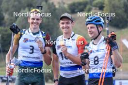 26.08.2023, Brezno-Osrblie, Slovakia (SVK): Vytautas Strolia (LTU), Florent Claude (BEL), Jesper Nelin (SWE), (l-r) - IBU Summer Biathlon World Championships, sprint men, Brezno-Osrblie (SVK). www.nordicfocus.com. © Manzoni/NordicFocus. Every downloaded picture is fee-liable.