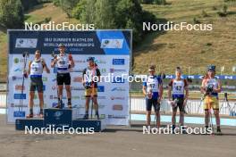 26.08.2023, Brezno-Osrblie, Slovakia (SVK): Vytautas Strolia (LTU), Florent Claude (BEL), Jesper Nelin (SWE), Anton Dudchenko (UKR), Maksim Fomin (LTU), Oskar Brandt (SWE), (l-r) - IBU Summer Biathlon World Championships, sprint men, Brezno-Osrblie (SVK). www.nordicfocus.com. © Manzoni/NordicFocus. Every downloaded picture is fee-liable.