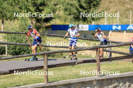 24.08.2023, Brezno-Osrblie, Slovakia (SVK): Vitalii Mandzyn (UKR), Matija Legovic (CRO), Konrad Badacz (POL), (l-r) - IBU Summer Biathlon World Championships, super sprint junior men, Brezno-Osrblie (SVK). www.nordicfocus.com. © Manzoni/NordicFocus. Every downloaded picture is fee-liable.