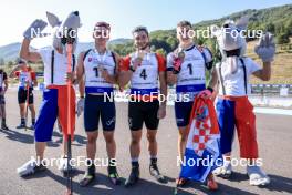 24.08.2023, Brezno-Osrblie, Slovakia (SVK): Serhii Suprun (UKR), Jan Gunka (POL), Matija Legovic (CRO), (l-r) - IBU Summer Biathlon World Championships, super sprint junior men, Brezno-Osrblie (SVK). www.nordicfocus.com. © Manzoni/NordicFocus. Every downloaded picture is fee-liable.