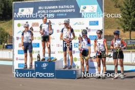 24.08.2023, Brezno-Osrblie, Slovakia (SVK): Oleksandra Merkushyna (UKR), Lora Hristova (BUL), Olena Horodna (UKR), Ema Kapustova (SVK), Anna Nedza-Kubiniec (POL), Svatava Mikyskova (CZE), (l-r) - IBU Summer Biathlon World Championships, super sprint junior women, Brezno-Osrblie (SVK). www.nordicfocus.com. © Manzoni/NordicFocus. Every downloaded picture is fee-liable.