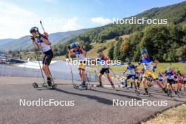 25.08.2023, Brezno-Osrblie, Slovakia (SVK): Rene Zahkna (EST), Jesper Nelin (SWE), Florent Claude (BEL), Ruslan Tkalenko (UKR), Jonas Marecek (CZE), Peppe Femling (SWE), (l-r) - IBU Summer Biathlon World Championships, super sprint men, Brezno-Osrblie (SVK). www.nordicfocus.com. © Manzoni/NordicFocus. Every downloaded picture is fee-liable.