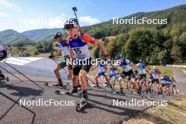 25.08.2023, Brezno-Osrblie, Slovakia (SVK): Vytautas Strolia (LTU), Tomas Mikyska (CZE), Cornel Puchianu (ROU), George Coltea (ROU), Hans Koellner (GER), (l-r) - IBU Summer Biathlon World Championships, super sprint men, Brezno-Osrblie (SVK). www.nordicfocus.com. © Manzoni/NordicFocus. Every downloaded picture is fee-liable.