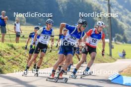 25.08.2023, Brezno-Osrblie, Slovakia (SVK): Fabian Kaskel (GER), Apostolos Angelis (GRE), Patryk Bryn (POL), (l-r) - IBU Summer Biathlon World Championships, super sprint men, Brezno-Osrblie (SVK). www.nordicfocus.com. © Manzoni/NordicFocus. Every downloaded picture is fee-liable.