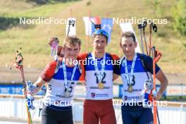 25.08.2023, Brezno-Osrblie, Slovakia (SVK): Tomas Mikyska (CZE), Andrejs Rastorgujevs (LAT), Artem Tyshchenko (UKR), (l-r) - IBU Summer Biathlon World Championships, super sprint men, Brezno-Osrblie (SVK). www.nordicfocus.com. © Manzoni/NordicFocus. Every downloaded picture is fee-liable.