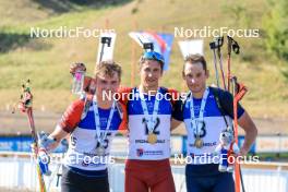 25.08.2023, Brezno-Osrblie, Slovakia (SVK): Tomas Mikyska (CZE), Andrejs Rastorgujevs (LAT), Artem Tyshchenko (UKR), (l-r) - IBU Summer Biathlon World Championships, super sprint men, Brezno-Osrblie (SVK). www.nordicfocus.com. © Manzoni/NordicFocus. Every downloaded picture is fee-liable.